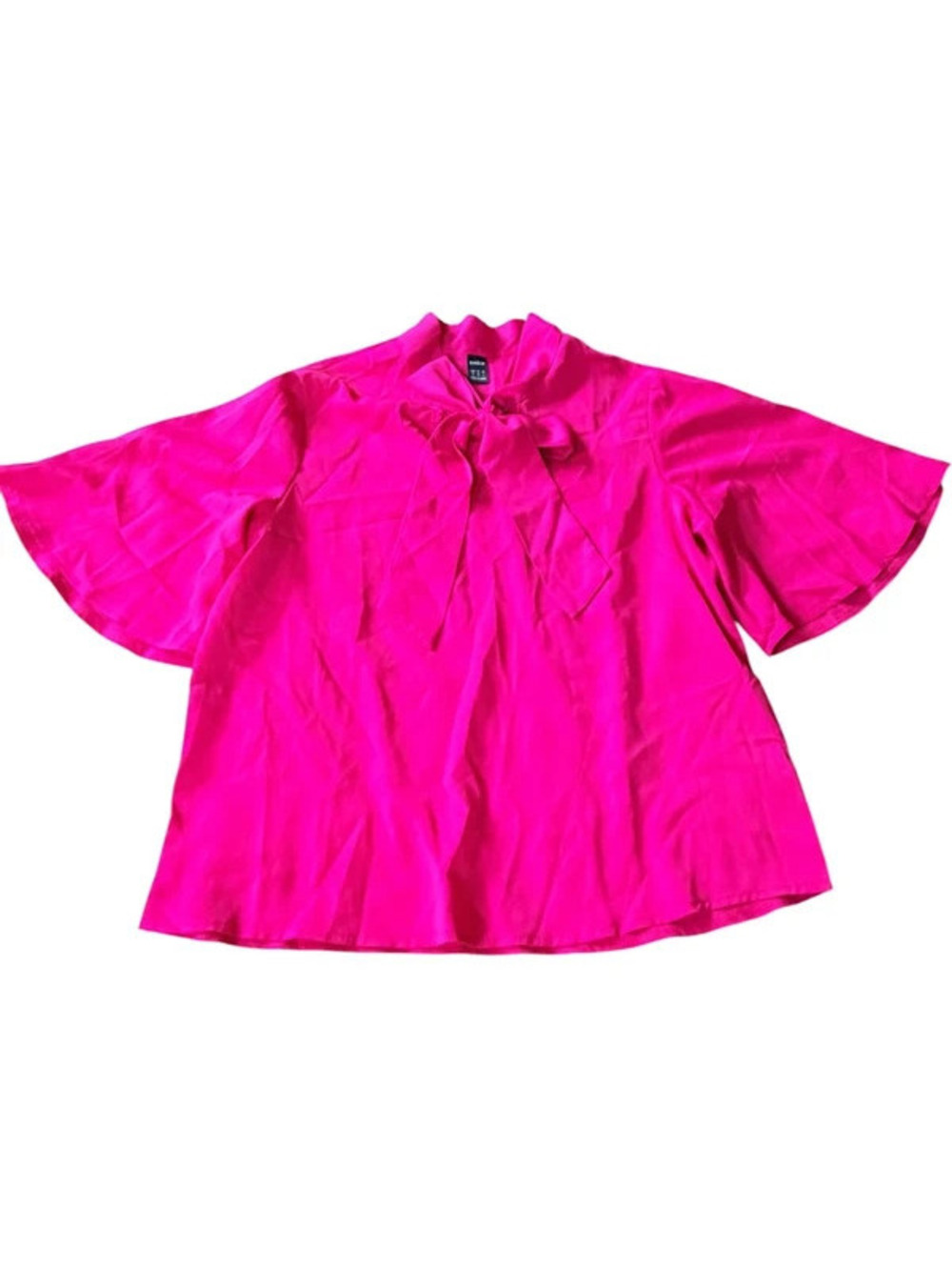 SHEIN Hot Pink Satin Bow Neck Cape Sleeve Blouse Top Size S 2139